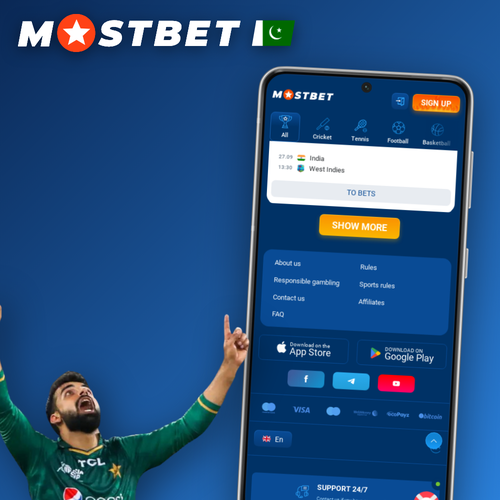 Mostbet app download on a smartphone showing cricket odds and casino tiles in Pakistan