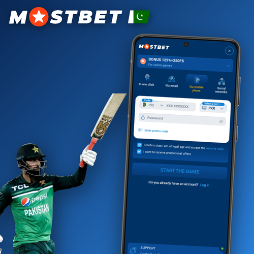 Mostbet registration form on a smartphone with PKR currency chip and green check-mark badge