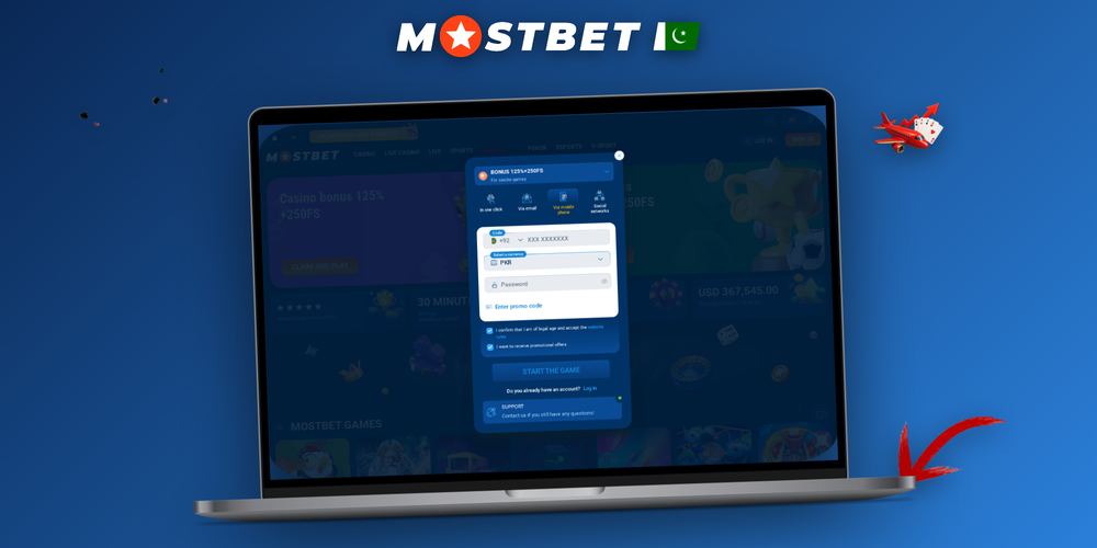 Mostbet registration steps from method selection to PKR promo code entry and confirmation screen
